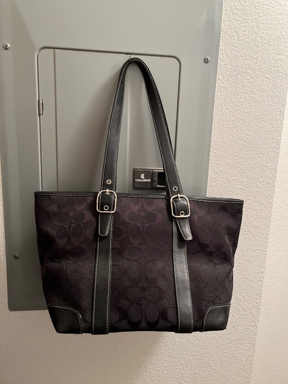 Coach handbag purse black jacquard with leather trim - Picture 3 of 8